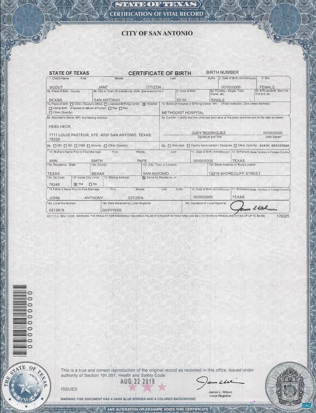 Download USA Texas birth certificate Photoshop template